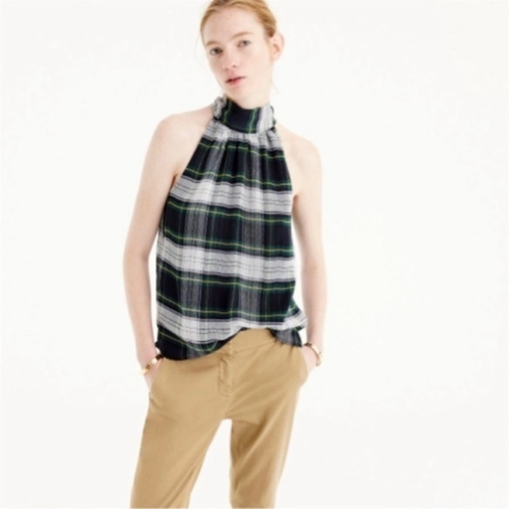 J Crew Tie Neck Halter Blouse Stewart Plaid  H3481